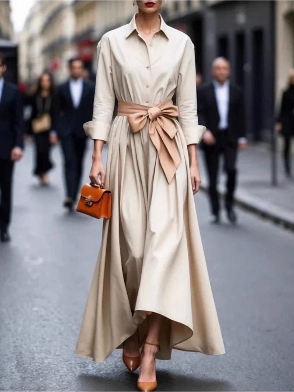 Elegant Cream Shirt Dress with Tan Bow Belt